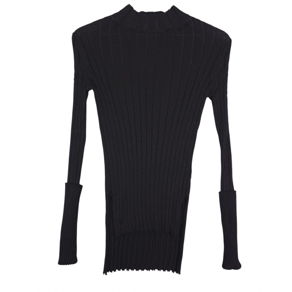 Theory Mockneck Wool Wide Rib Knit Sweater Women L Side Slit Step Hem Light Slim